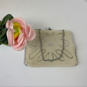 VTG White Beaded Handbag Clutch Chain Handle